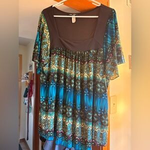 Brown, green/blue and yellow Only Mine blouse.